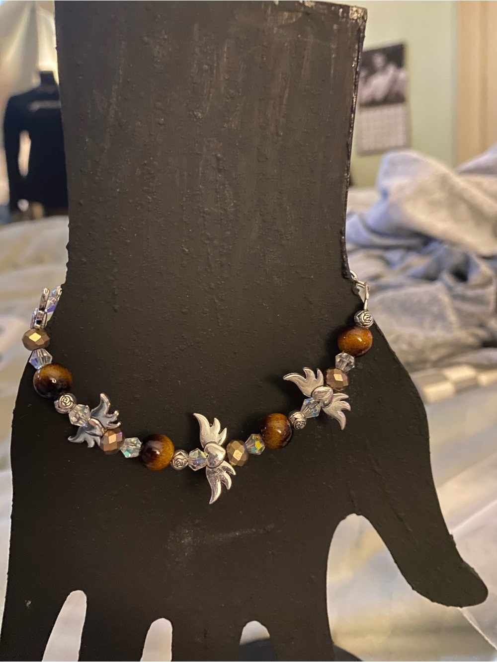 Silver Leaf & Brown Bead Women's Bracelet